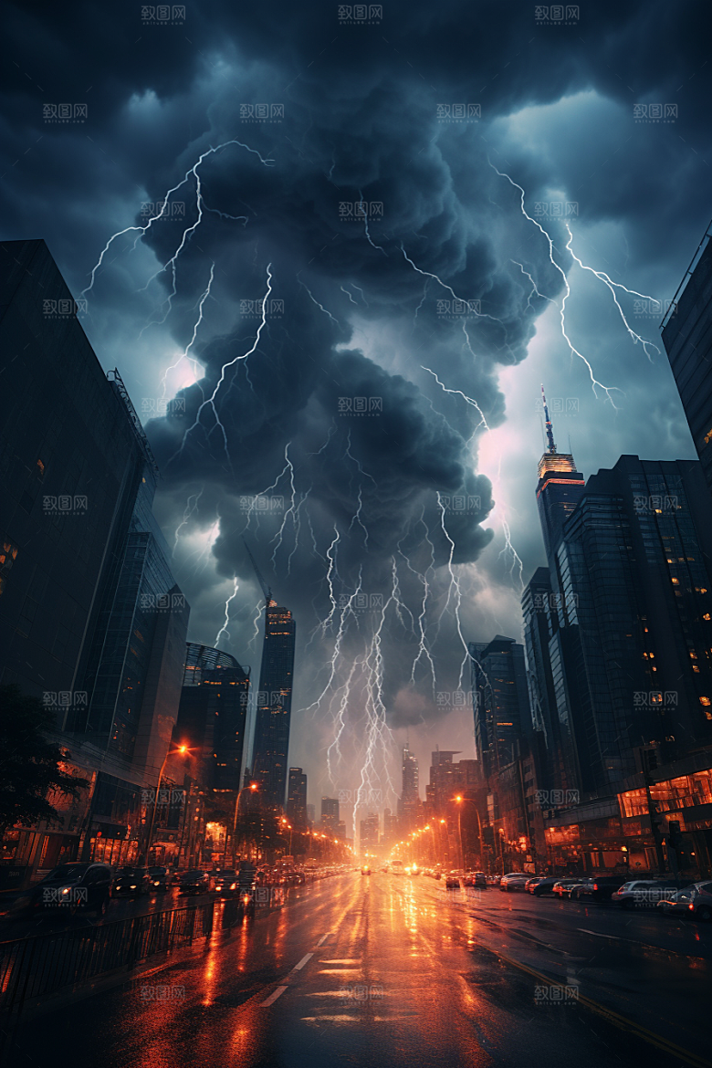 暴雨闪电自然灾害极端天气摄影图