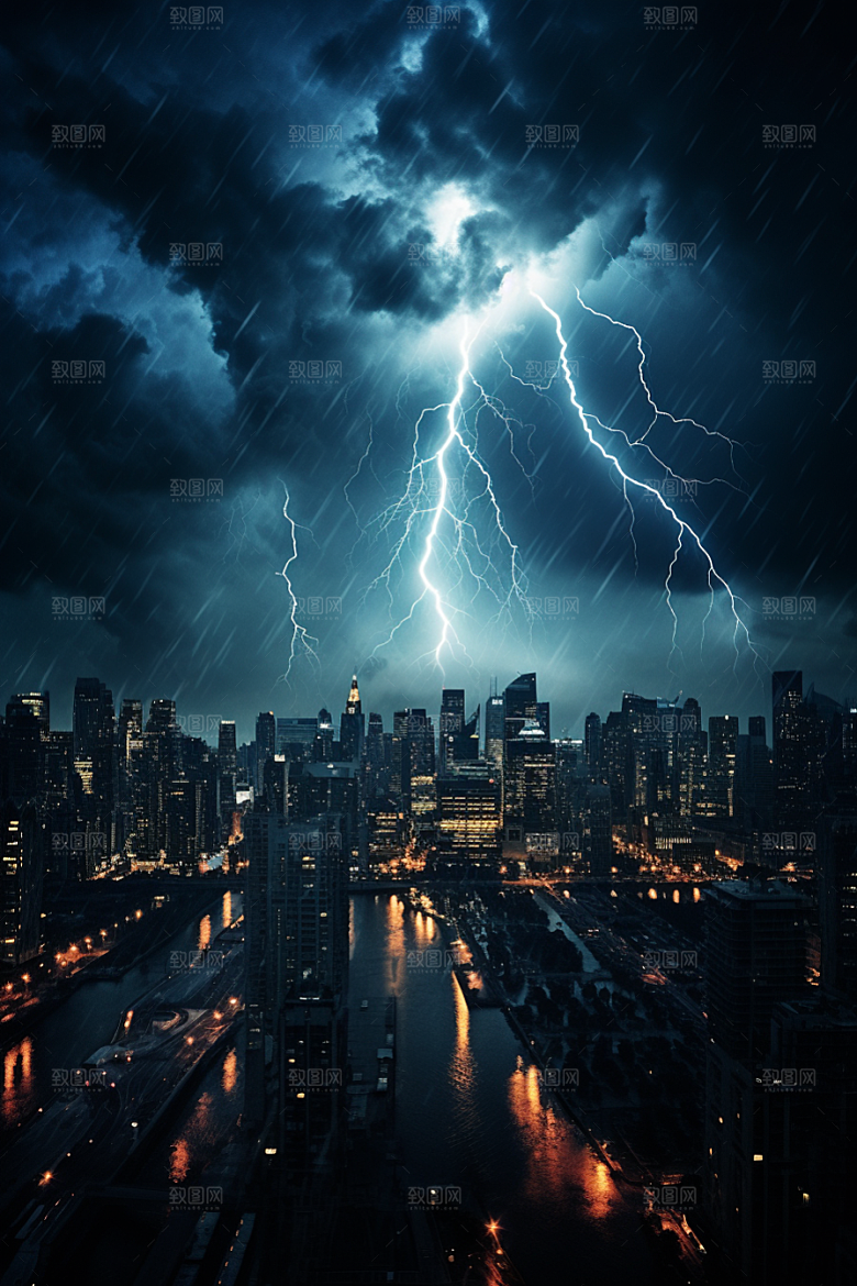 暴雨闪电自然灾害城市摄影图