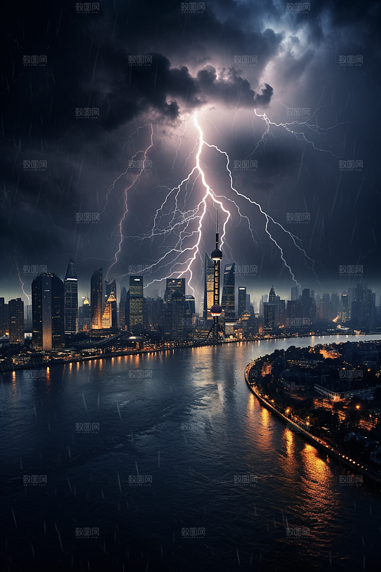 暴雨闪电雷暴城市摄影图