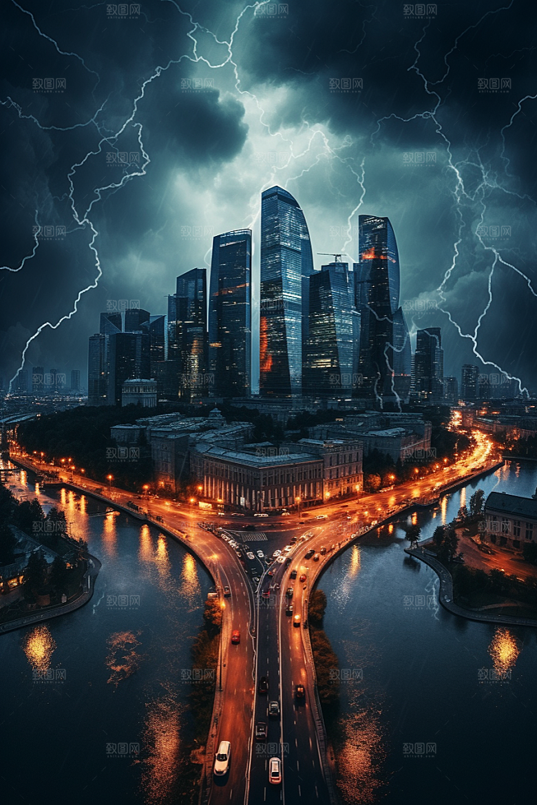 暴雨闪电极端天气气象摄影图