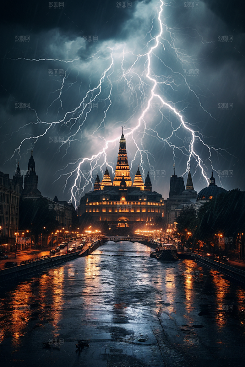 暴雨闪电自然灾害极端天气摄影图