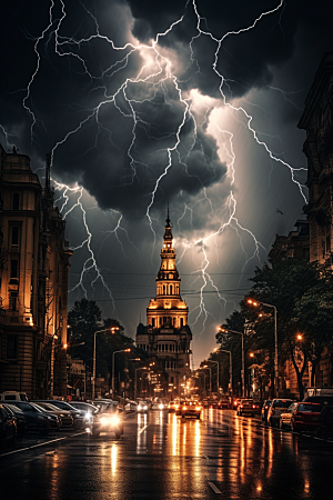 暴雨闪电城市雷雨摄影图