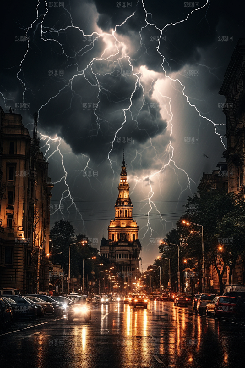 暴雨闪电城市雷雨摄影图