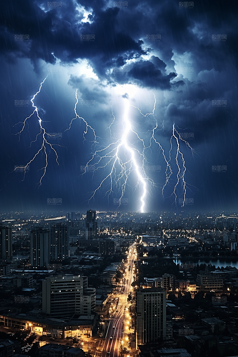 暴雨闪电自然现象城市摄影图