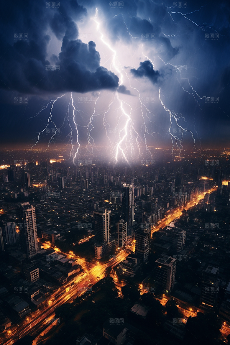 暴雨闪电恶劣天气城市摄影图