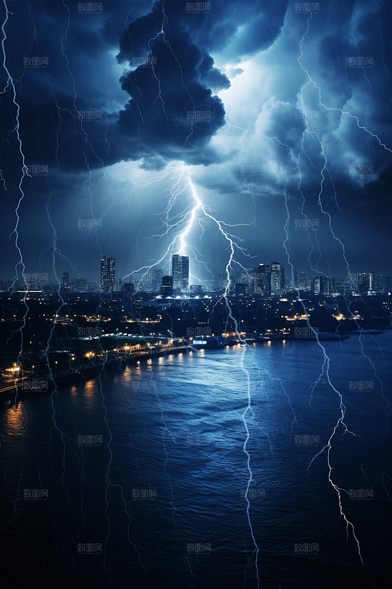 暴雨闪电极端天气自然灾害摄影图