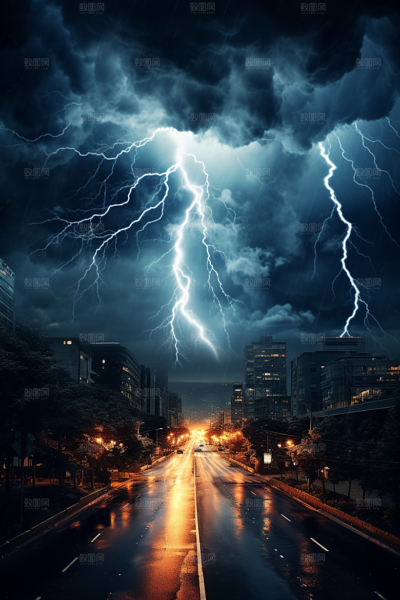 暴雨闪电城市雷暴摄影图