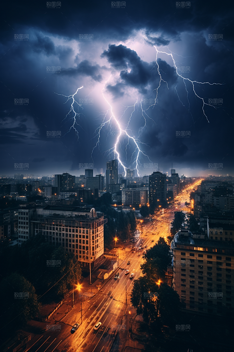 暴雨闪电城市恶劣天气摄影图