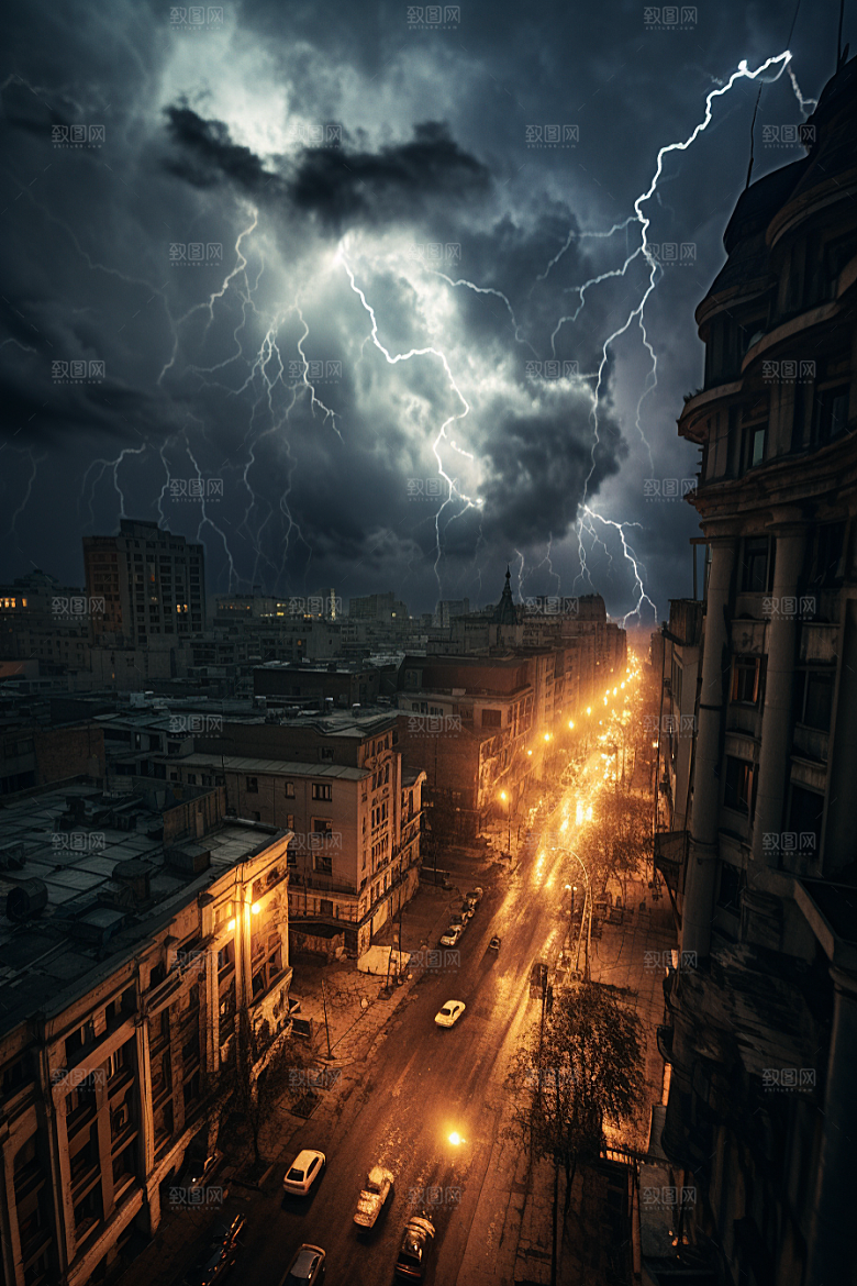 暴雨闪电城市恶劣天气摄影图