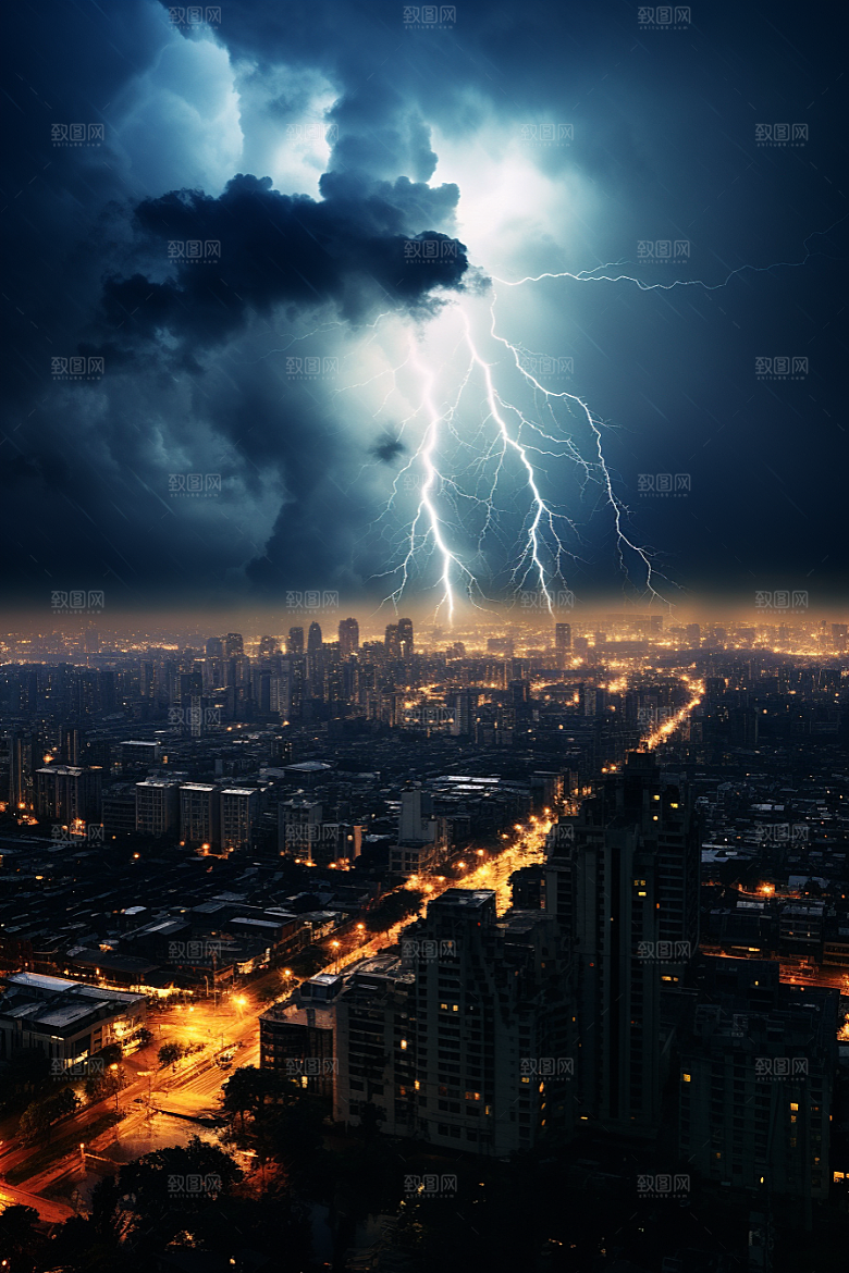 暴雨闪电极端天气城市摄影图