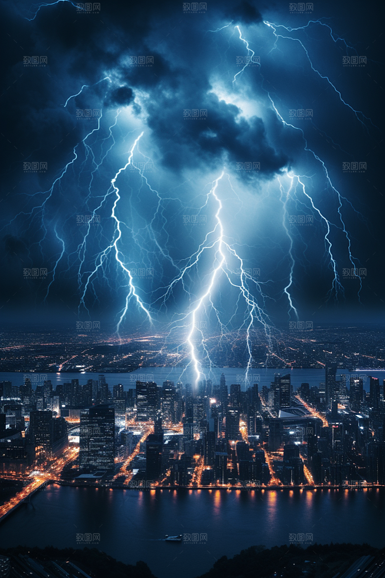 暴雨闪电城市雷暴摄影图