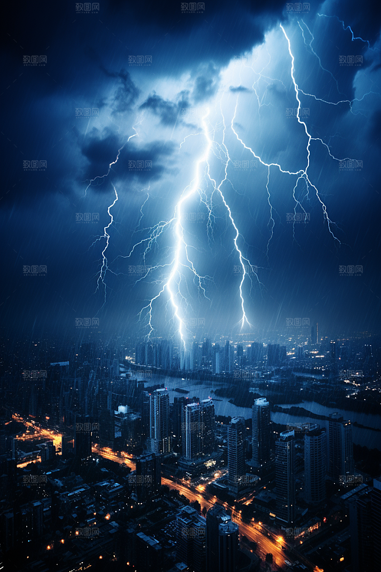 暴雨闪电城市雷雨摄影图