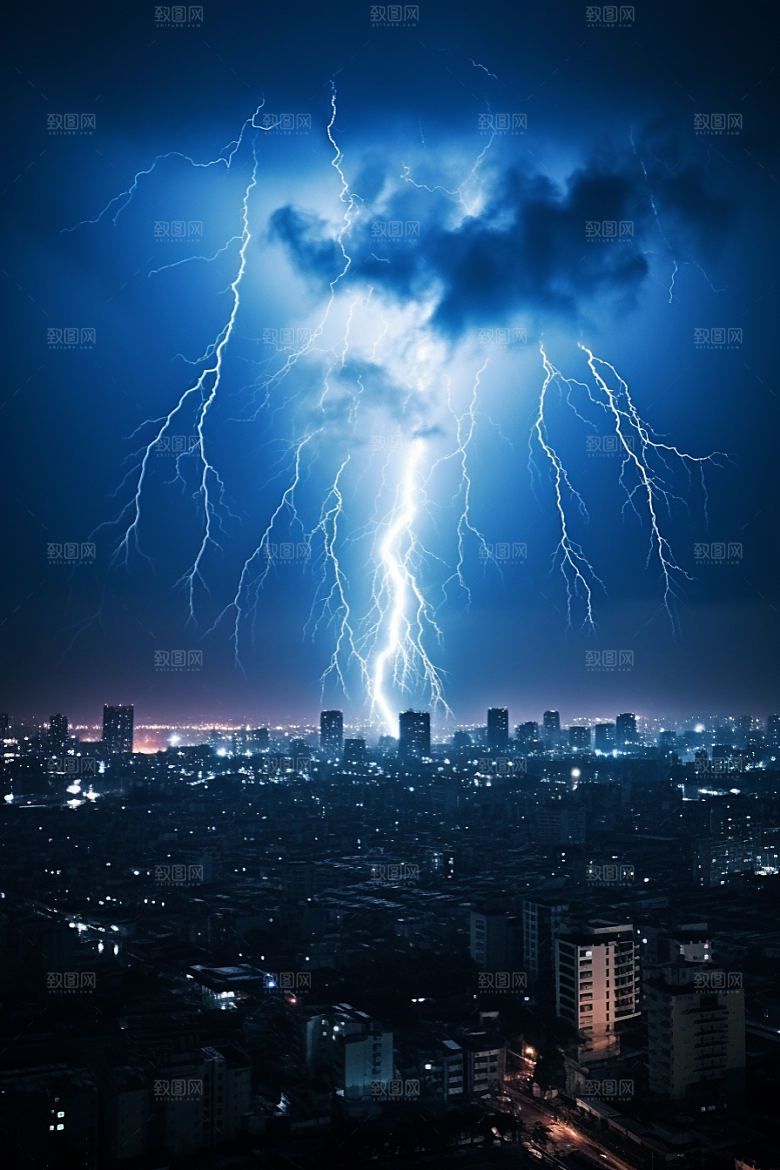 暴雨闪电城市极端天气摄影图