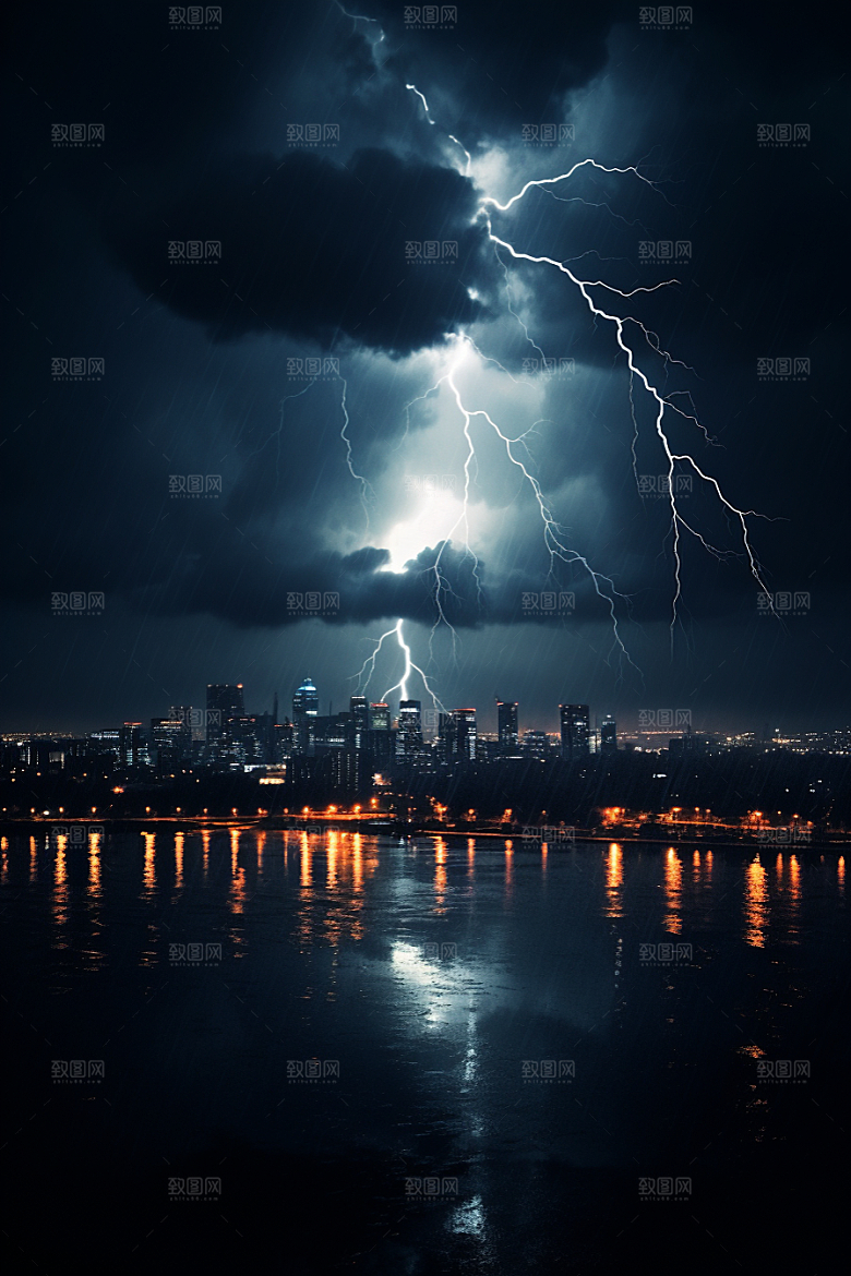 暴雨闪电自然灾害城市摄影图