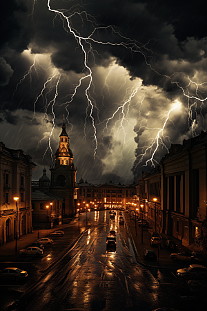 暴雨闪电城市自然灾害摄影图