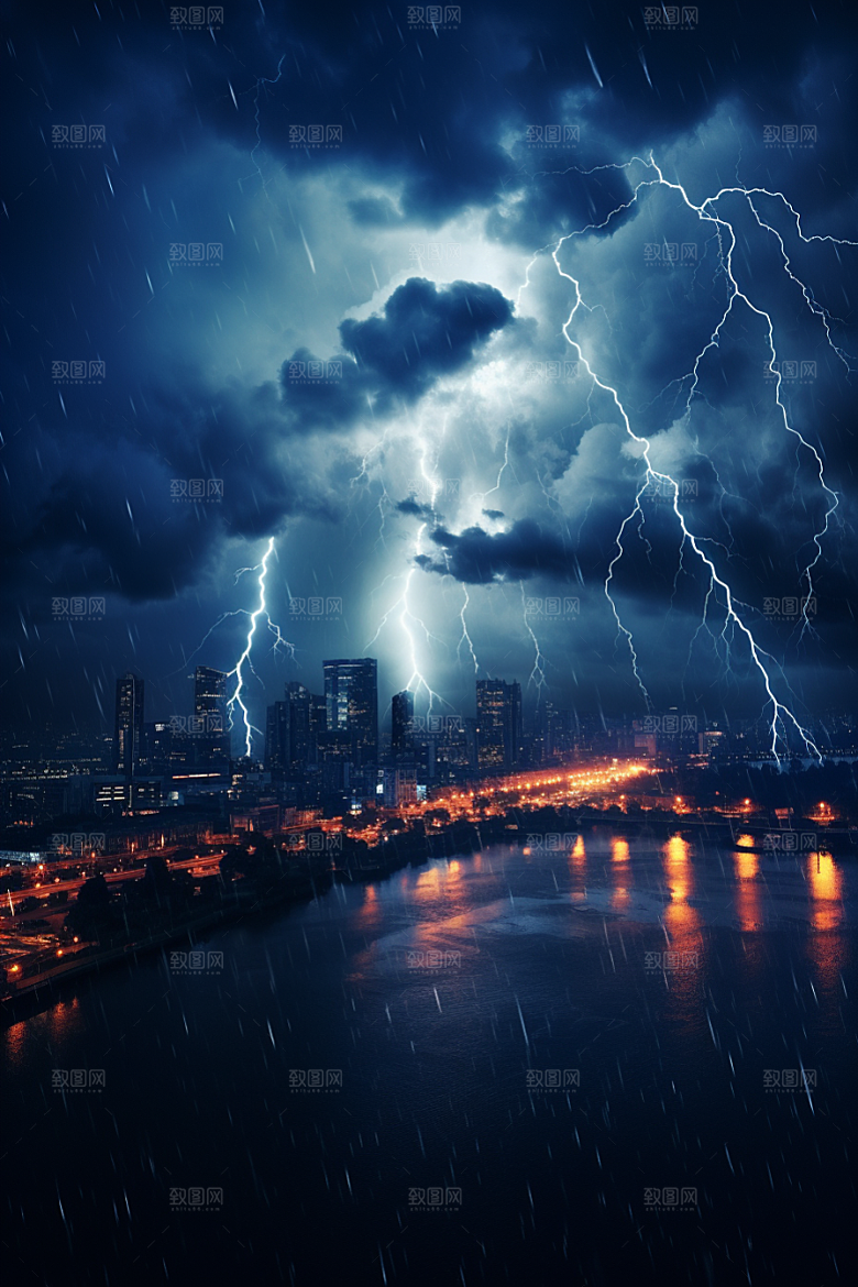 暴雨闪电雷雨气象摄影图