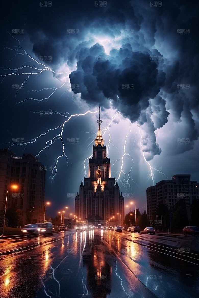 暴雨闪电电闪雷鸣恶劣天气摄影图