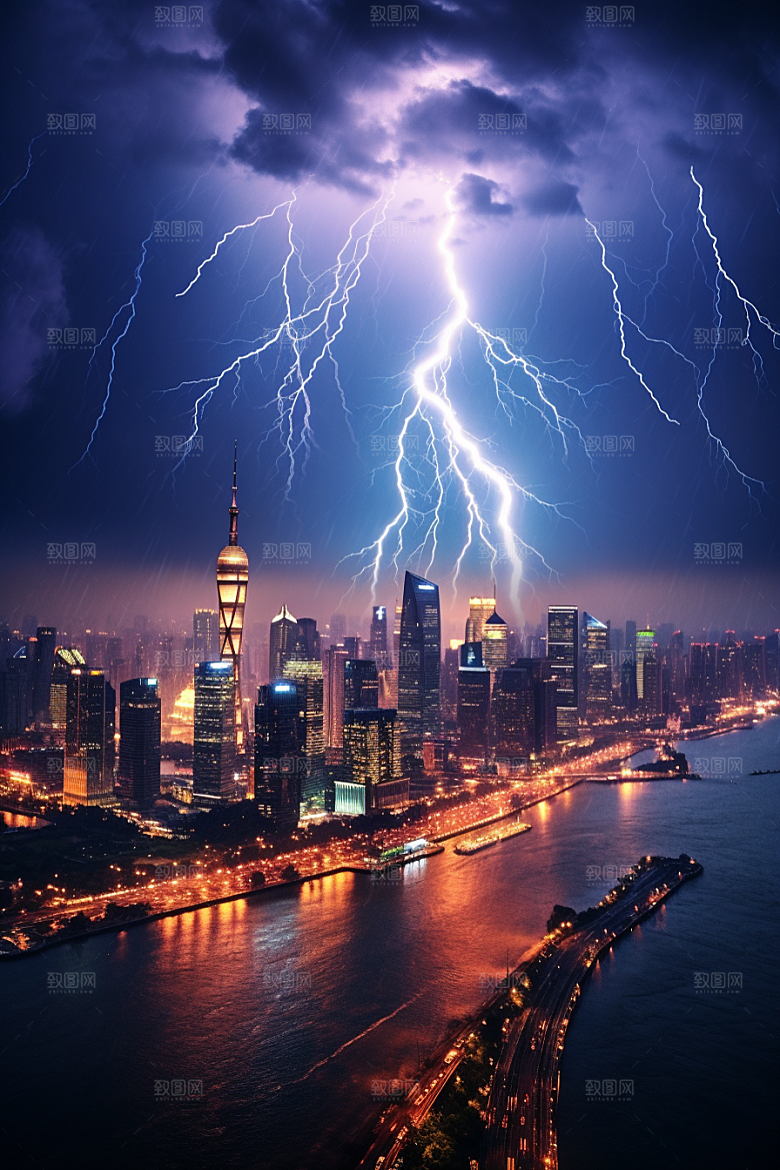 暴雨闪电高清极端天气摄影图