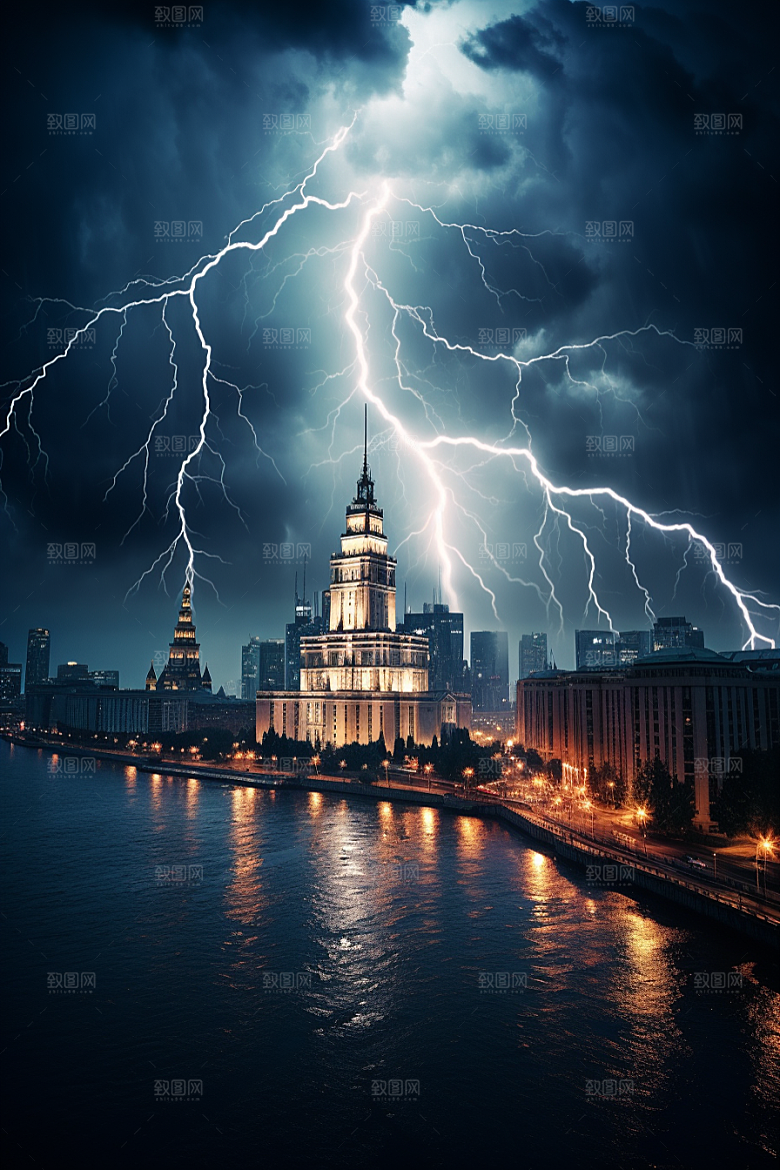 暴雨闪电雷暴城市摄影图