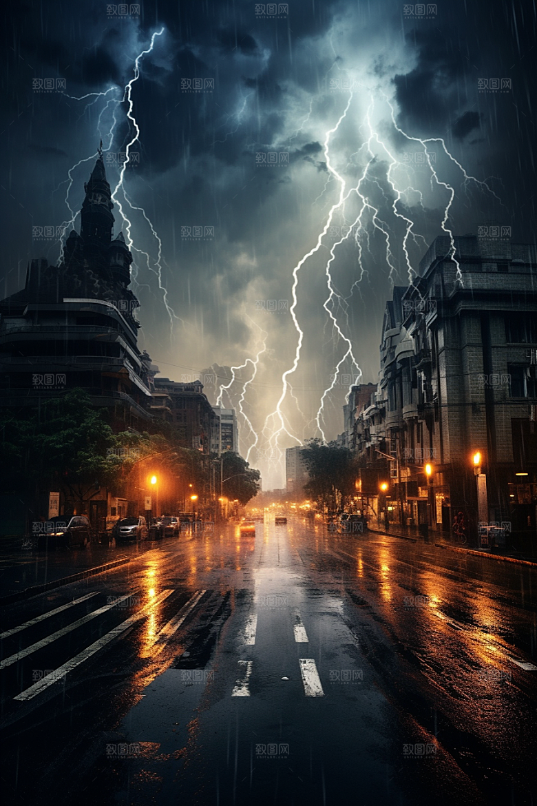 暴雨闪电城市自然灾害摄影图