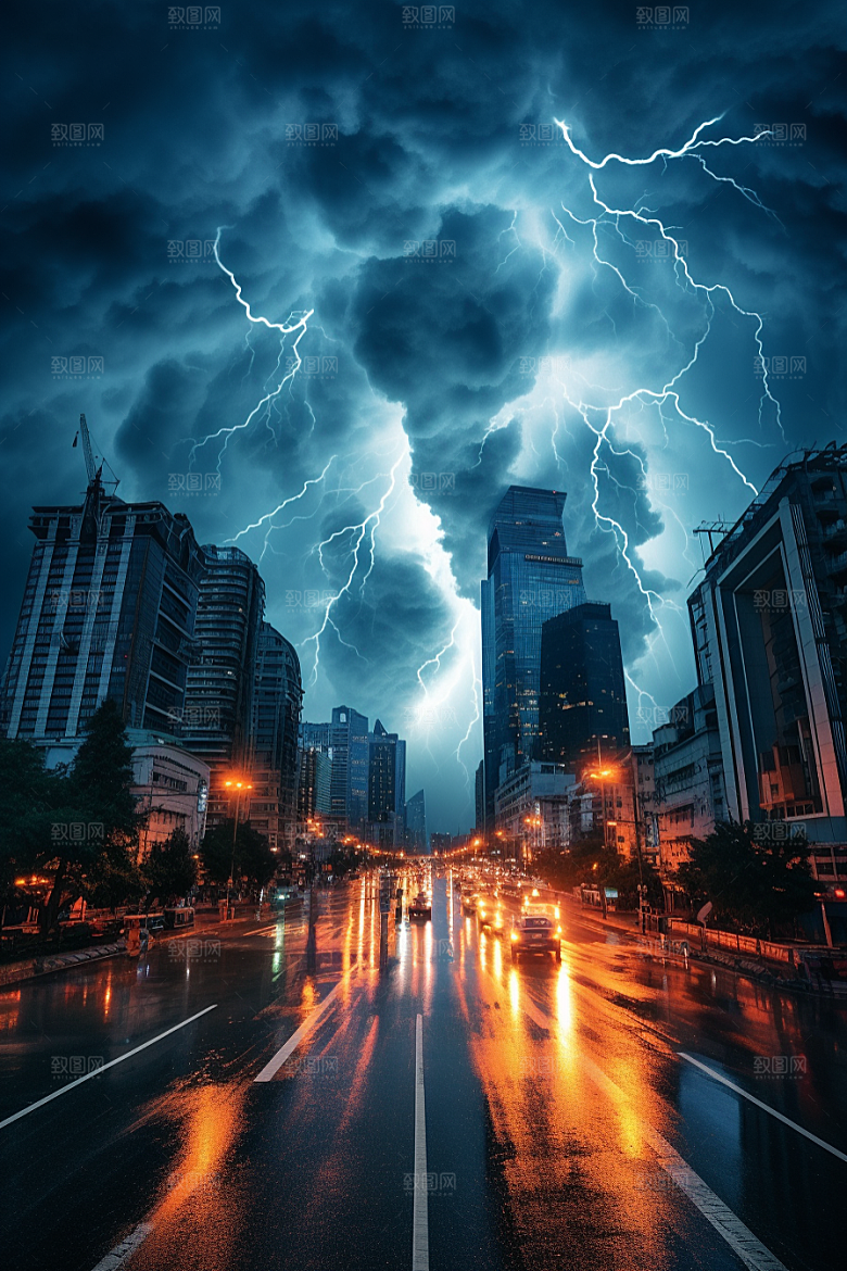 暴雨闪电极端天气城市摄影图
