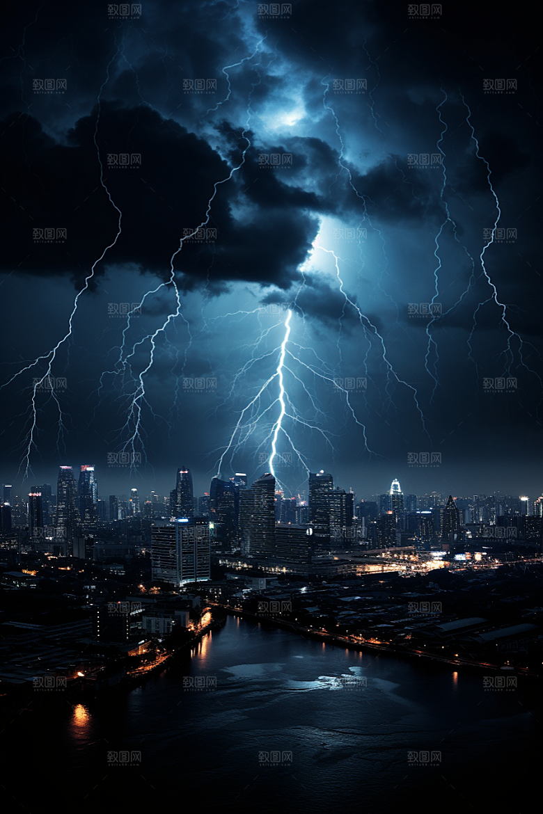 暴雨闪电城市自然现象摄影图