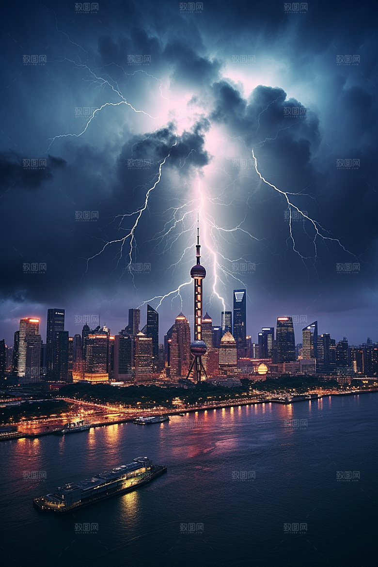 暴雨闪电极端天气高清摄影图