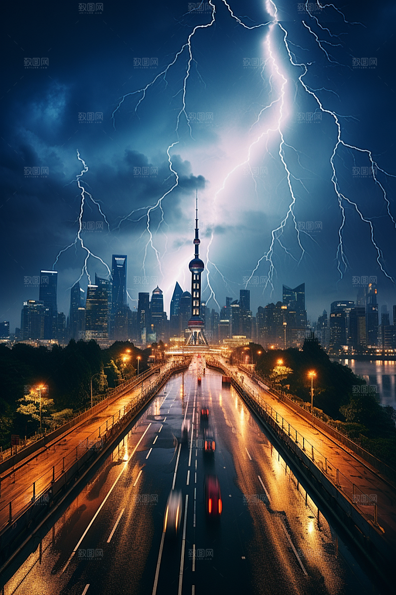 暴雨闪电电闪雷鸣气象摄影图