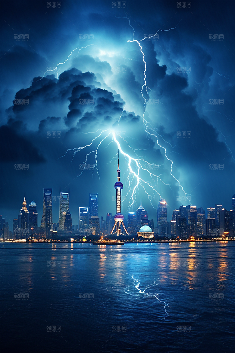 暴雨闪电城市自然现象摄影图
