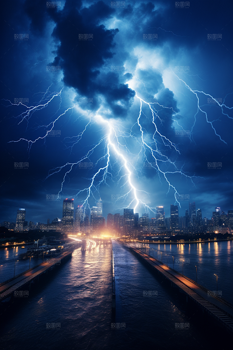 暴雨闪电城市雷雨摄影图