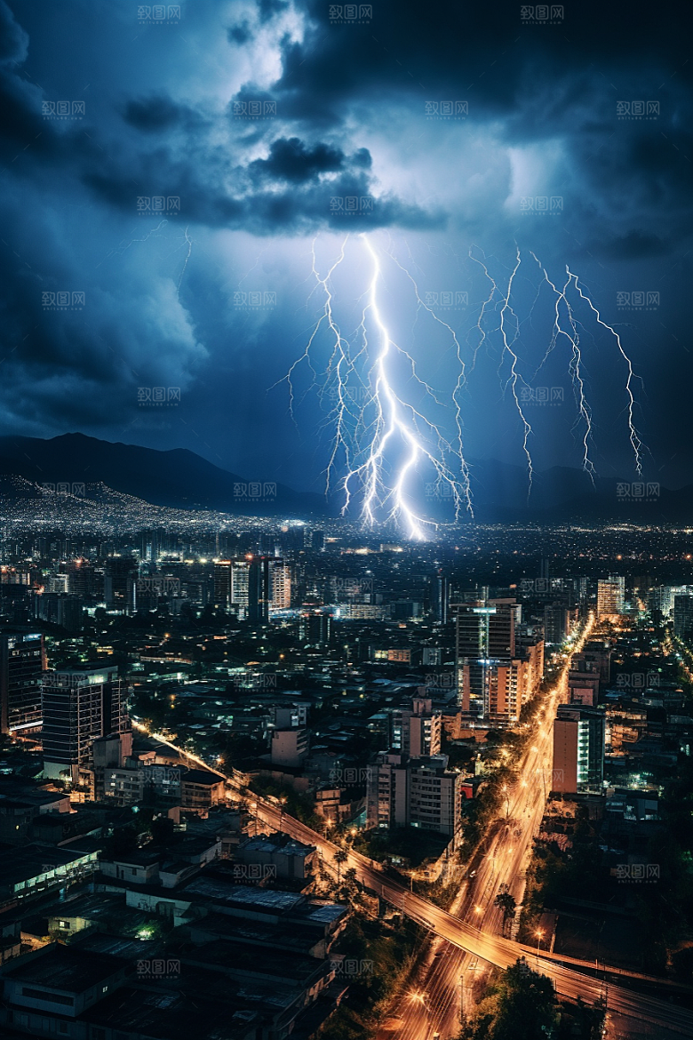 暴雨闪电自然现象城市摄影图
