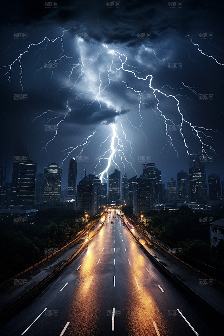暴雨闪电气象城市摄影图