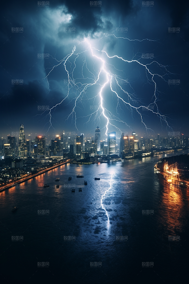 暴雨闪电恶劣天气城市摄影图