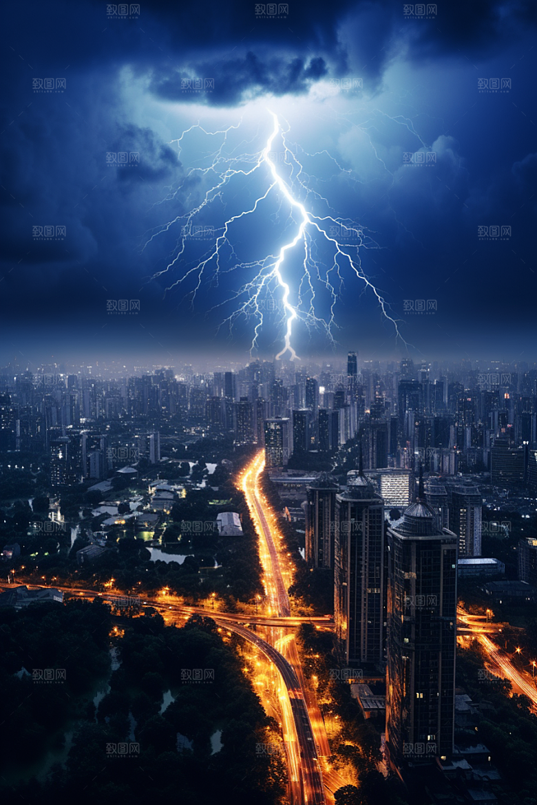 暴雨闪电极端天气城市摄影图