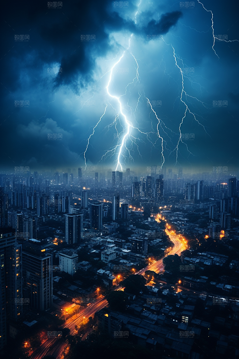 暴雨闪电城市恶劣天气摄影图