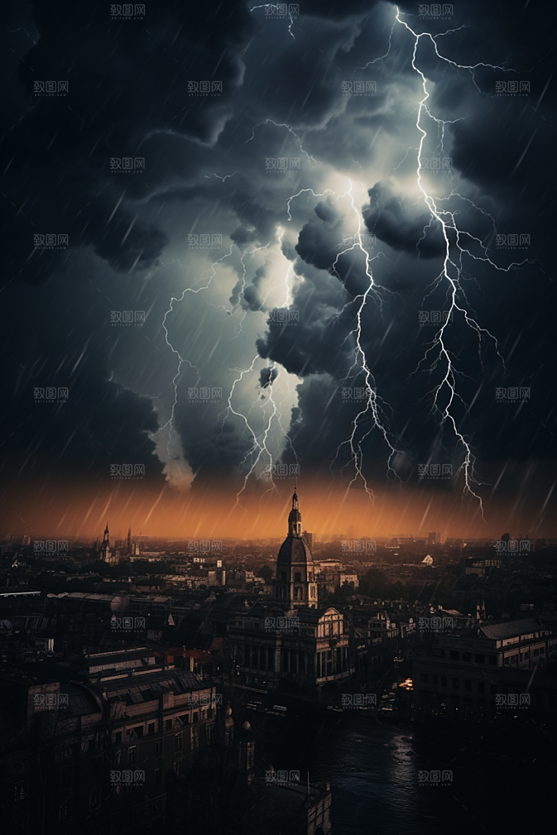 暴雨闪电高清城市摄影图