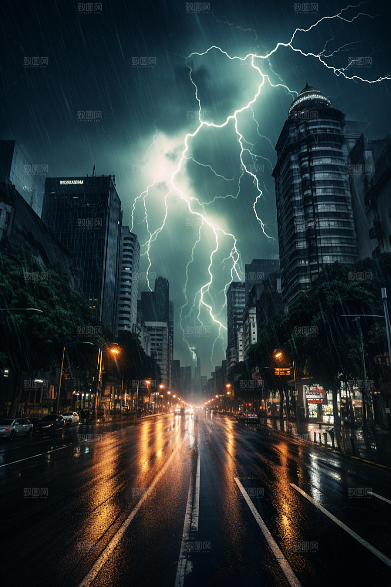 暴雨闪电电闪雷鸣自然现象摄影图