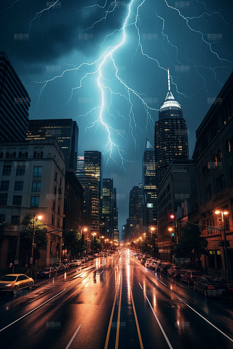 暴雨闪电自然灾害极端天气摄影图