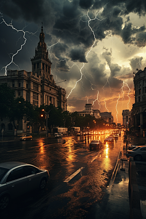 暴雨闪电城市气象摄影图