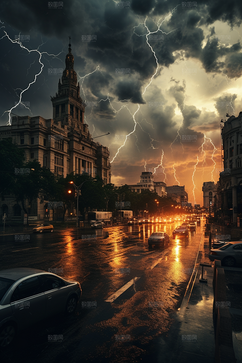 暴雨闪电城市气象摄影图