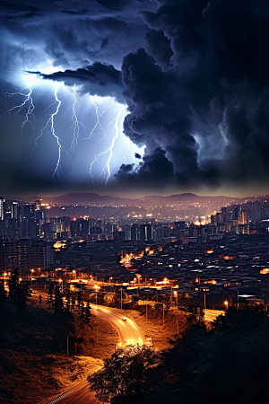 暴雨闪电极端天气电闪雷鸣摄影图