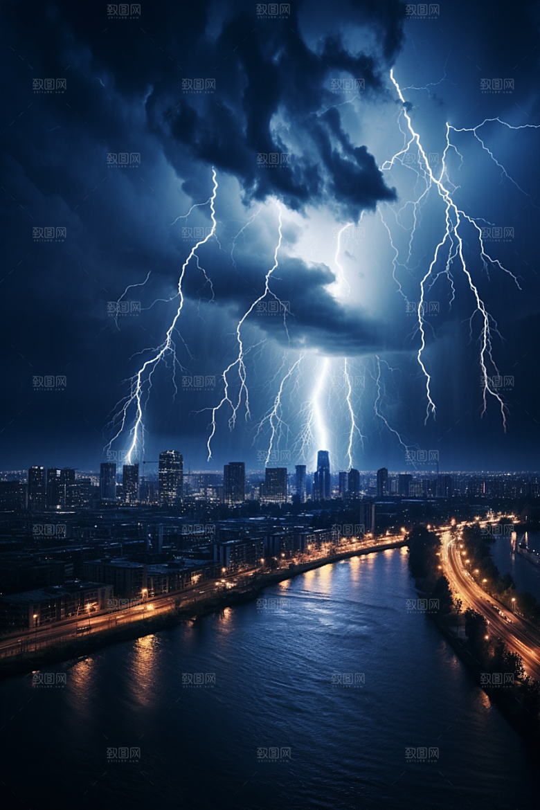 暴雨闪电电闪雷鸣极端天气摄影图