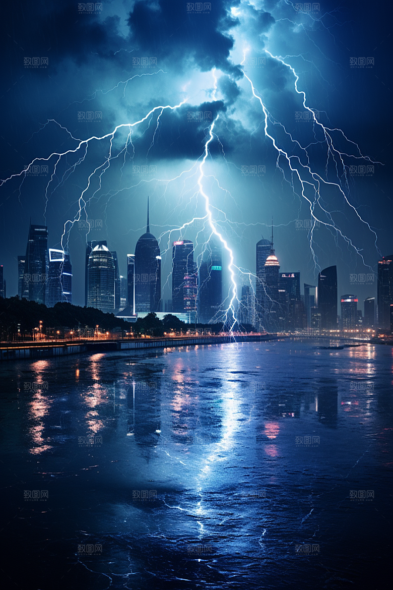暴雨闪电城市恶劣天气摄影图