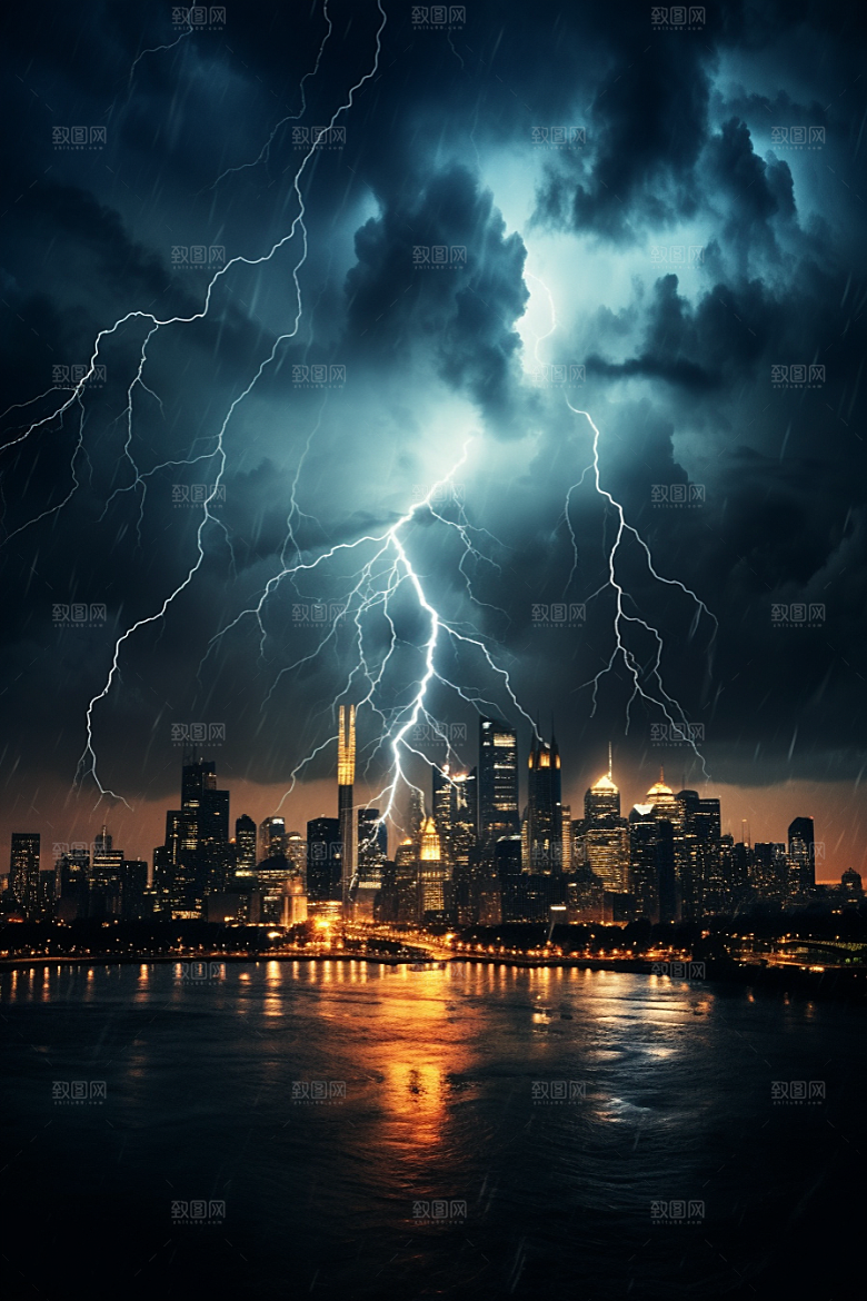 暴雨闪电自然灾害极端天气摄影图