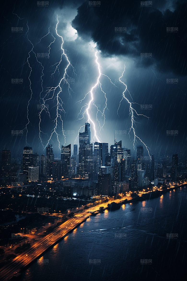 暴雨闪电城市自然灾害摄影图