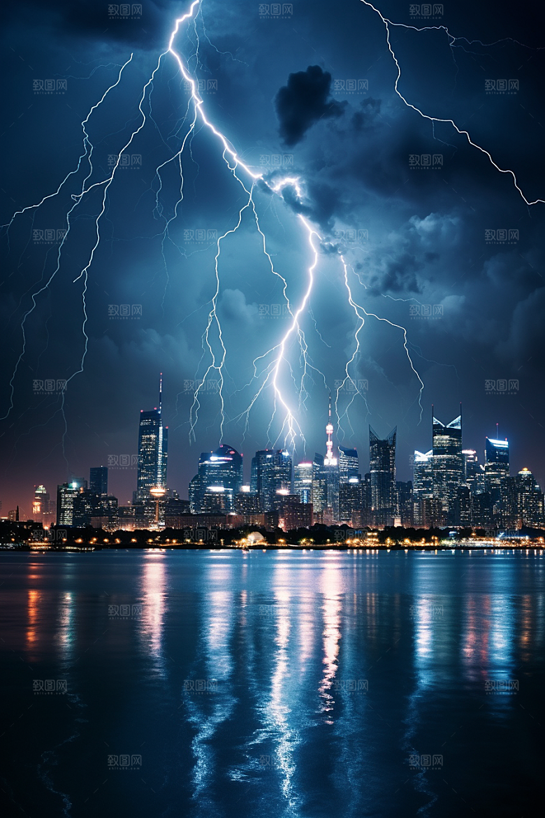 暴雨闪电电闪雷鸣极端天气摄影图