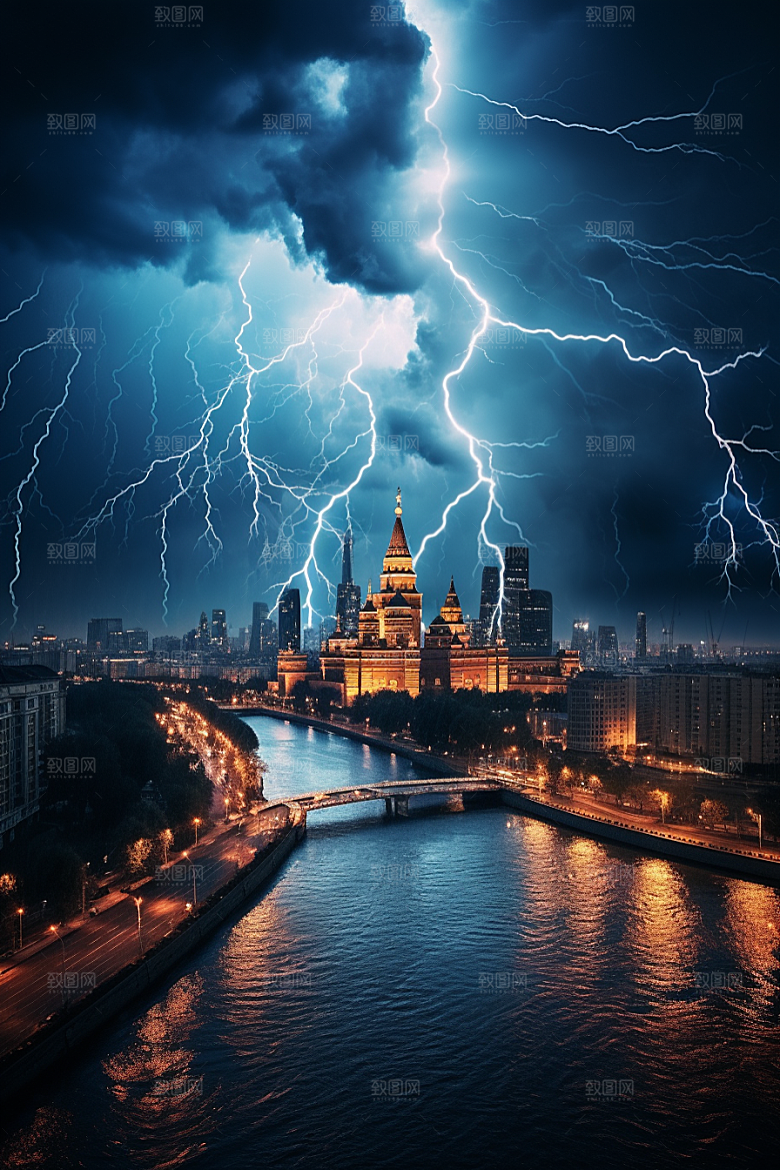暴雨闪电自然现象恶劣天气摄影图