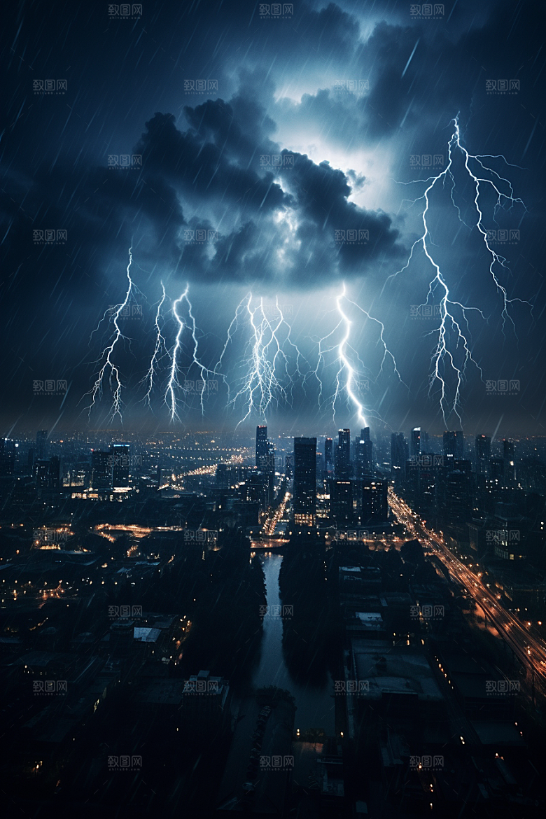 暴雨闪电电闪雷鸣气象摄影图