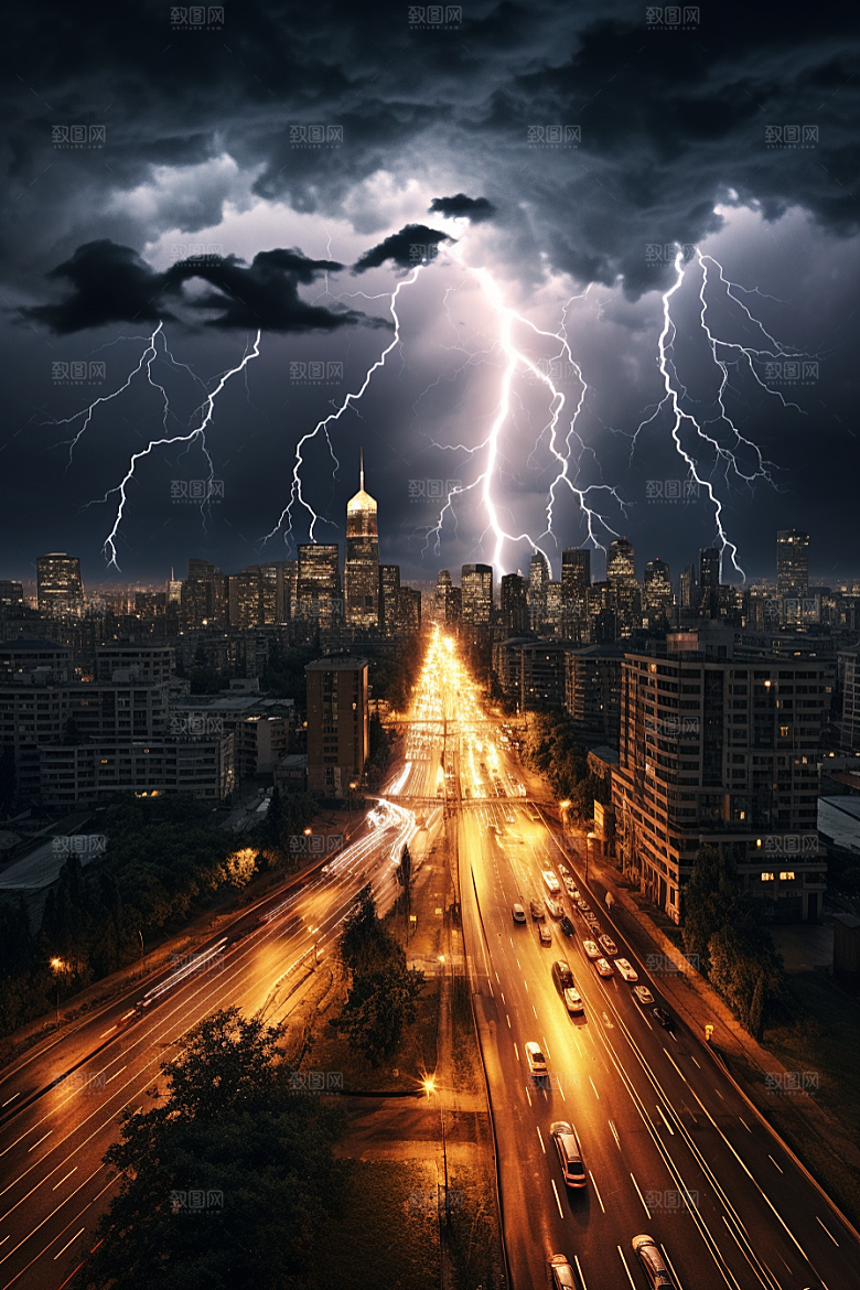暴雨闪电雷雨城市摄影图