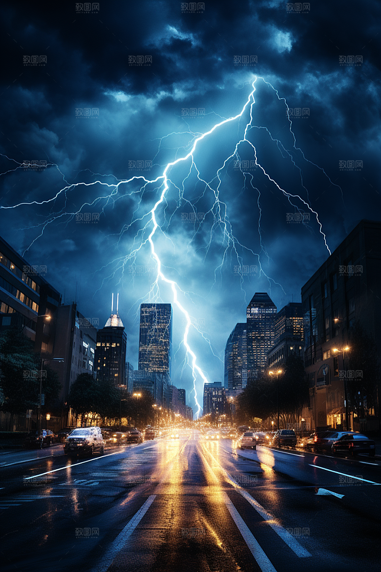 暴雨闪电自然灾害城市摄影图